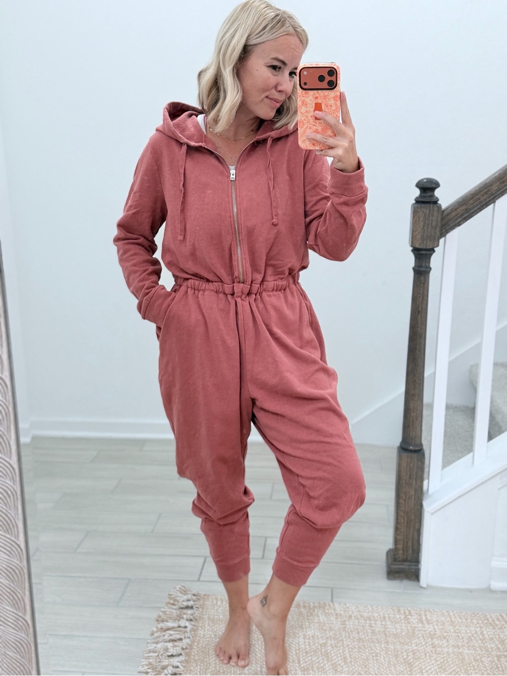 Cozy Zip-Front Hooded Jumpsuit in Dusty Rose